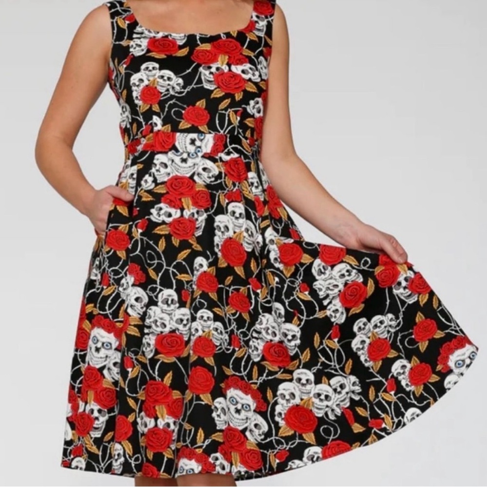 ORCHID BLOOM Skull and Rose Print Flare Dress Size 8